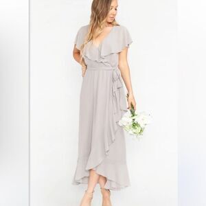 Show Me Your MuMu Jess ruffle midi faux wrap bridesmaid Dress